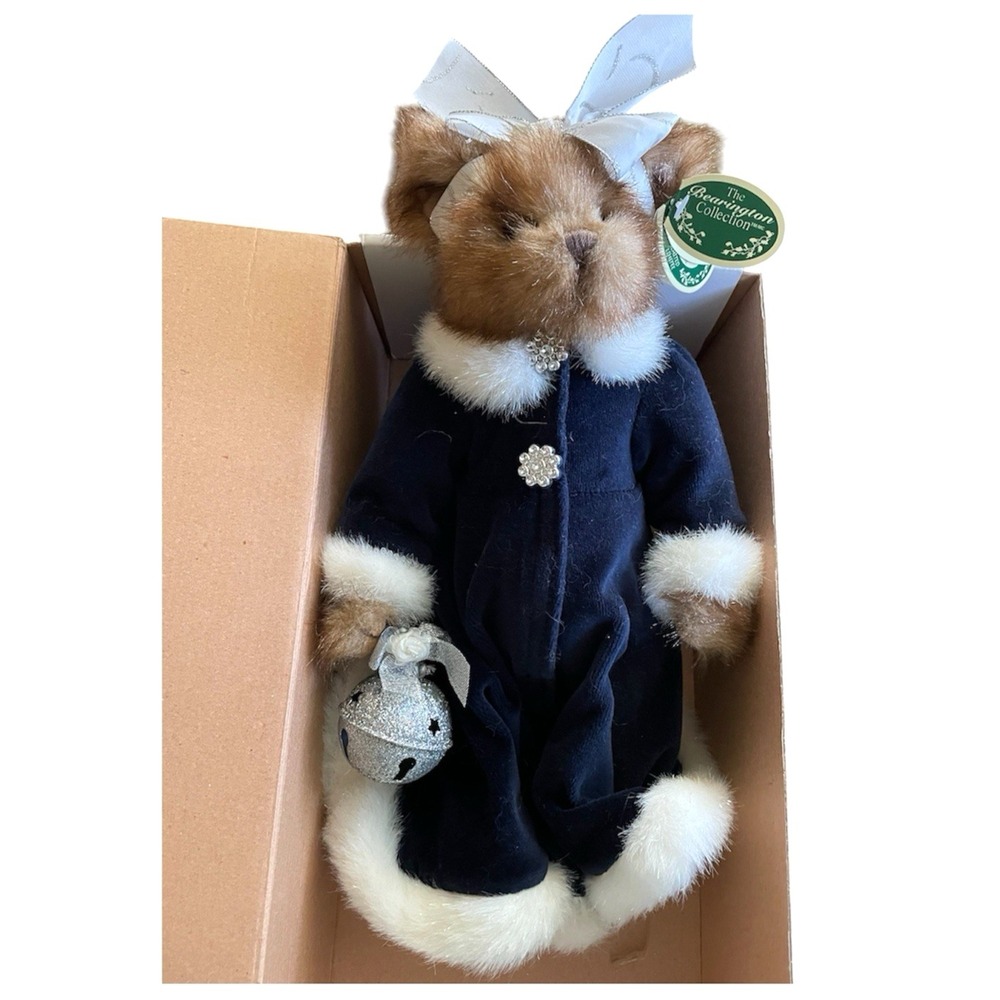 The Bearington Collection Sandra 13" Bear Velvet Blue Dress Holiday Bell Box